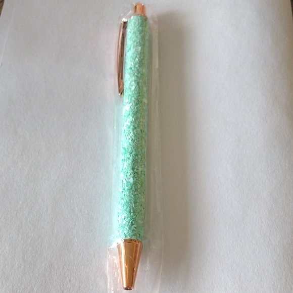 New Sparkling Elegant Mint Green and Gold Textured Ballpoint Pen - Black Ink - Picture 1 of 5